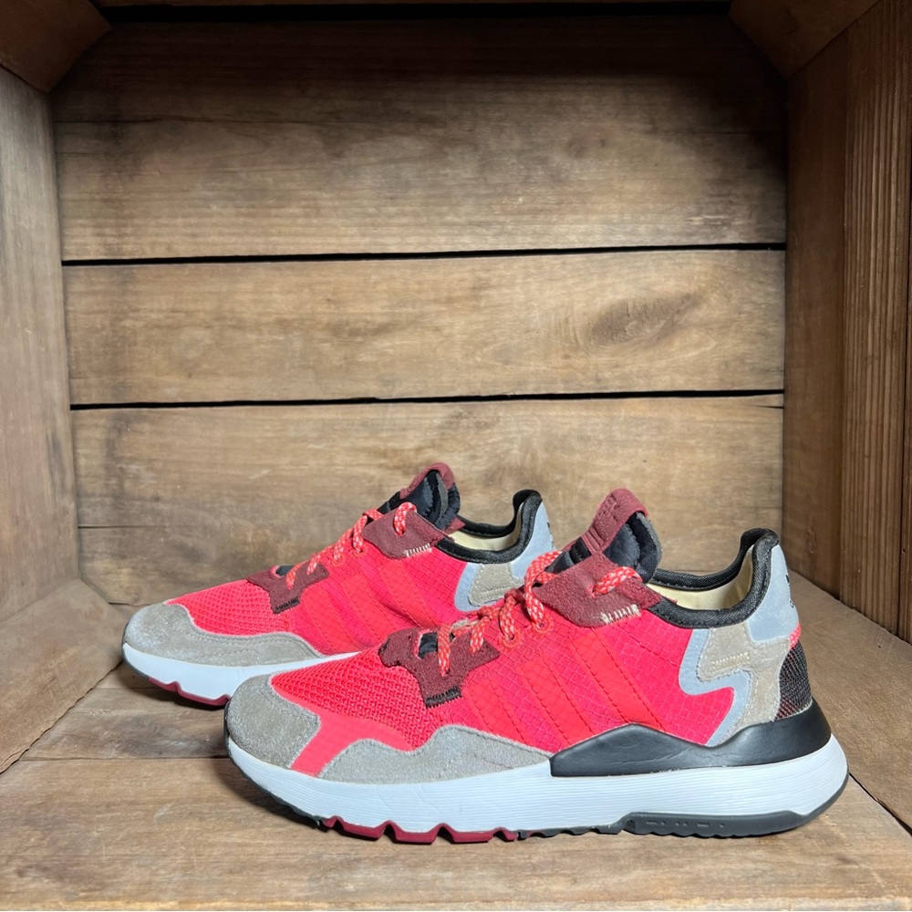 Adidas Nite Jogger Sneakers Kids Size 2 Red Grey Neon Lace Up